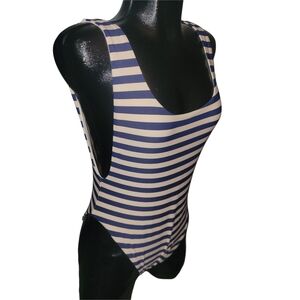 Aerie Navy Blue and Light Pink Striped Super Scoop Swimsuit Size L